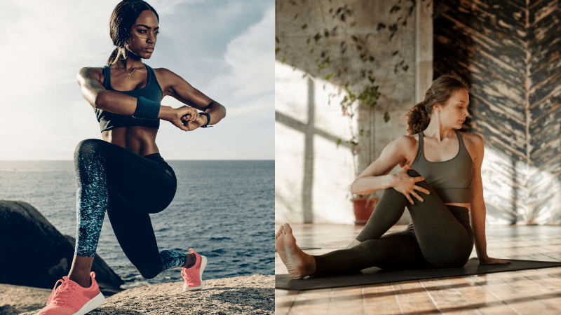 Two women are engaged in stretching 