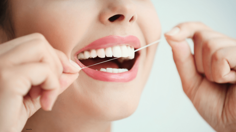 Woman dental flossing